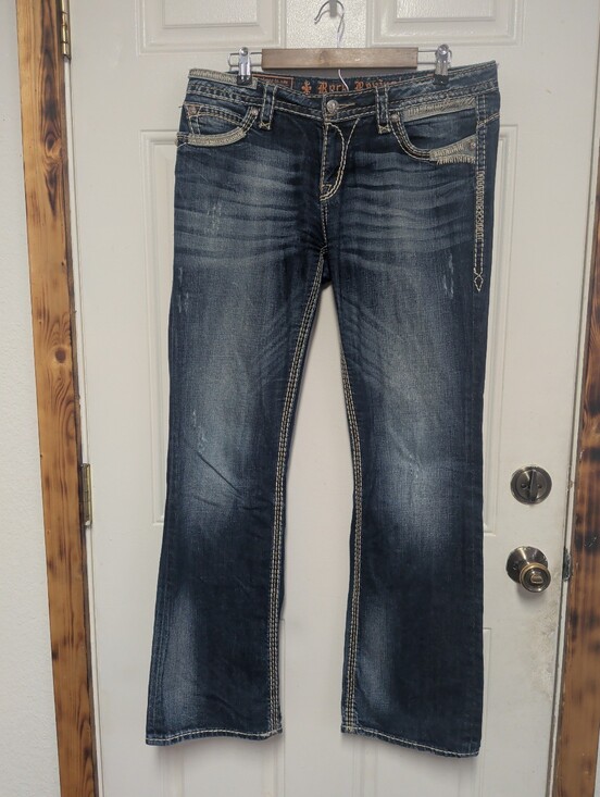 Rock Revival Denim - Rock Revial Roza Easy Boot Women Blue Denim Jeans Sz 31 Flap Pocket Distressed